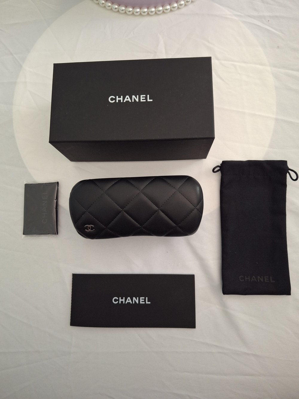 BRAND NEW!Chanel Quilted Black Sunglasses Case with branded Pouch, Box & Cleaner